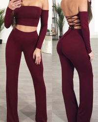 Sexy Dew Shoulder Lace-up Hollow-out Red Cotton Blends Two Piece Pants Set
