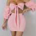Sexy Dew Shoulder Pink Polyester Two-piece Skirt Set