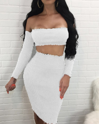Sexy Dew Shoulder White Cotton Blend Two-piece Skirt Set