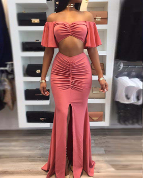 Sexy Drape Design Red Polyester Two Piece Skirt Set