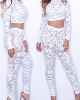 Sexy High Collar Long Sleeves See-Through White Bud Silk Two-piece Pants Set