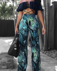 Sexy Hollow-out Printed Black+Green Milk Fiber Two-piece Pants Set