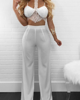 Sexy Lace Trim Patchwork White Polyester Two-piece Pants Set