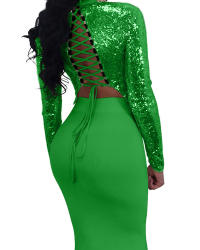 Sexy Mandarin Collar Lace-up Hollow-out Green Polyester Two-piece Skirt Set(Double Side Wear)