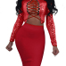Sexy Mandarin Collar Lace-up Hollow-out Red Polyester Two-piece Skirt Set(Double Side Wear)