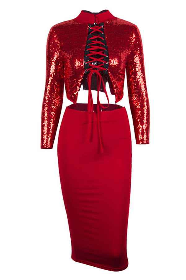 Sexy Mandarin Collar Lace-up Hollow-out Red Polyester Two-piece Skirt Set(Double Side Wear)