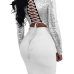Sexy Mandarin Collar Lace-up Hollow-out Silver Polyester Two-piece Skirt Set(Double Side Wear)
