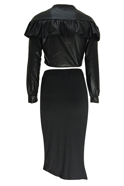 Sexy Mandarin Collar Long Sleeves Hollow-out Black Qmilch Two-piece Skirt Set