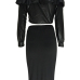 Sexy Mandarin Collar Long Sleeves Hollow-out Black Qmilch Two-piece Skirt Set