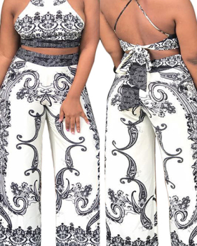 Sexy Printed Backless White Blending Two-piece Pants Set