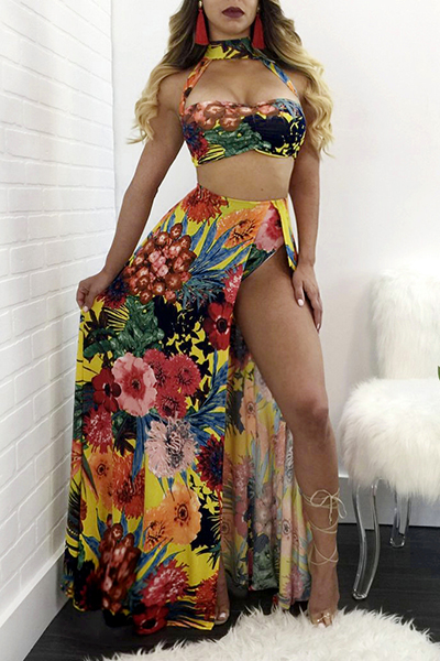 Sexy Printed Hollow-out Yellow Milk Fiber Two-piece Pants Set(Non Positioning Printing)