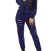 Sexy Round Neck Long Sleeves Hollow-out Blue Twilled Satin Two-piece Pants Set