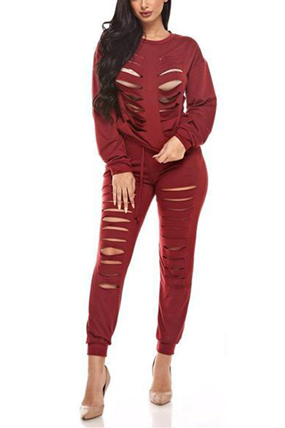 Sexy Round Neck Long Sleeves Hollow-out Red Twilled Satin Two-piece Pants Set
