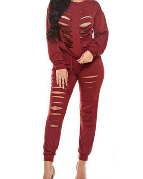 Sexy Round Neck Long Sleeves Hollow-out Red Twilled Satin Two-piece Pants Set