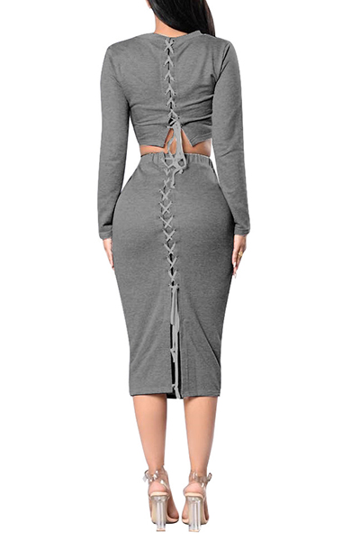 Sexy Round Neck Long Sleeves Lace-up Hollow-out Grey Polyester Two-piece Skirt Set