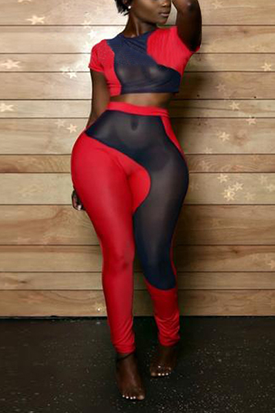 Sexy Round Neck Short Sleeves Gauze Patchwork Red Milk Fiber Two-piece Pants Set