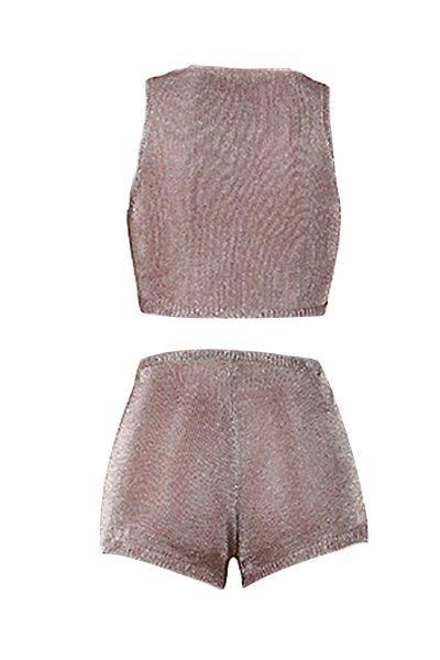 Sexy See-Through Khaki Polyester Two-piece Shorts Set