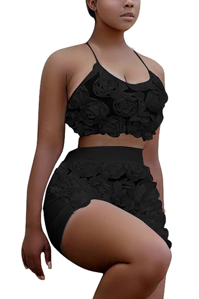Sexy Sleeveless Rose Decorative Black Lace Two-piece Short Set