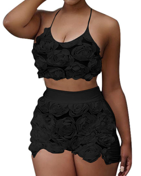Sexy Sleeveless Rose Decorative Black Lace Two-piece Short Set