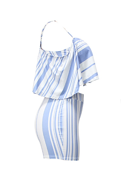 Sexy Spaghetti Strap Sleeveless Striped White Polyester Two-piece Shorts Set