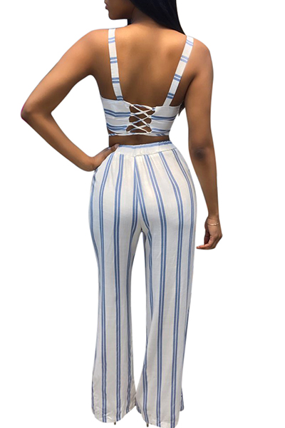Sexy Striped Blue-white Milk Fiber Two-piece Pants Set
