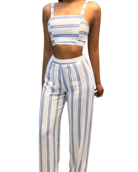 Sexy Striped Blue-white Milk Fiber Two-piece Pants Set