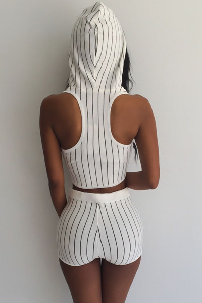Sexy  Striped O Neck Sleeveless White Blending Two-piece Outfits