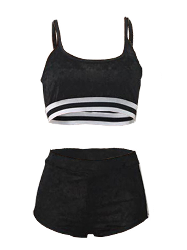 Sexy U-shaped Neck Patchwork Black Velvet Two-piece Shorts Set