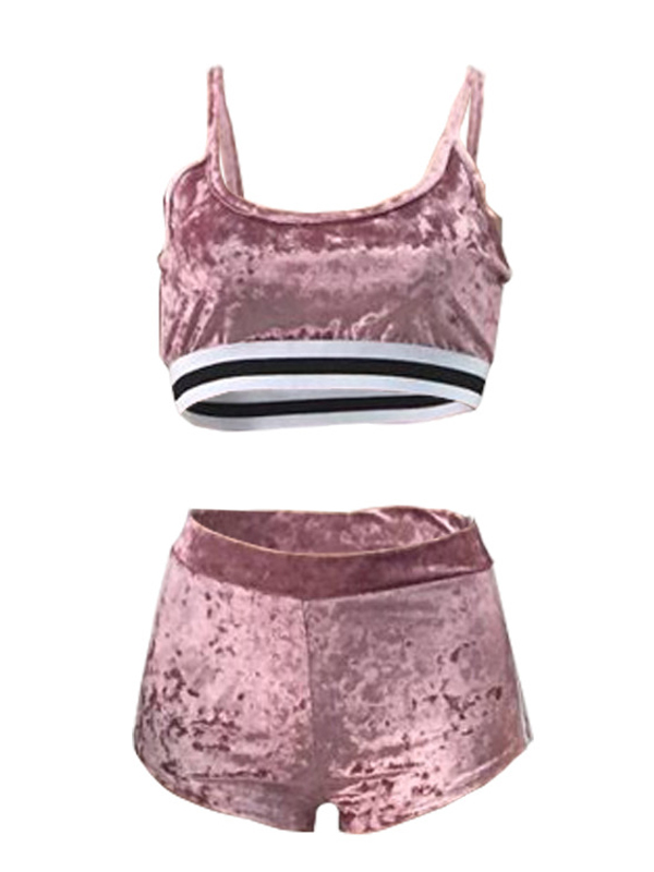 Sexy U-shaped Neck Patchwork Pink Velvet Two-piece Shorts Set
