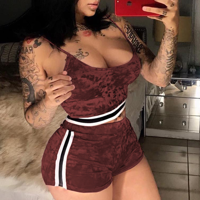Sexy U-shaped Neck Patchwork Wine Red Velvet Two-piece Shorts Set
