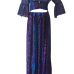 Sexy V Neck Half Sleeves Printed High SPlit Purple Chiffon Two-piece Skirt Set