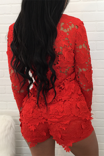 Sexy V Neck Long Sleeves Hollow-out Red Lace Two-piece Shorts Set