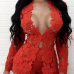 Sexy V Neck Long Sleeves Hollow-out Red Lace Two-piece Shorts Set
