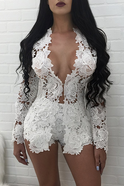 Sexy V Neck Long Sleeves Hollow-out White Lace Two-piece Pants Set