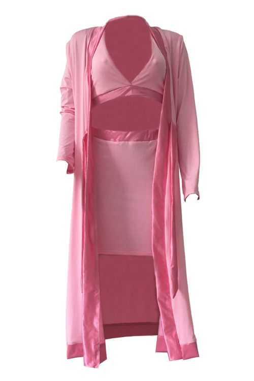 Sexy V Neck Patchwork Pink Polyester Three-piece Skirt Set