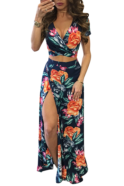 Sexy V Neck Short Sleeves Floral Print Green Qmilch Two-piece Skirt Set