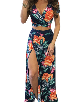 Sexy V Neck Short Sleeves Floral Print Green Qmilch Two-piece Skirt Set
