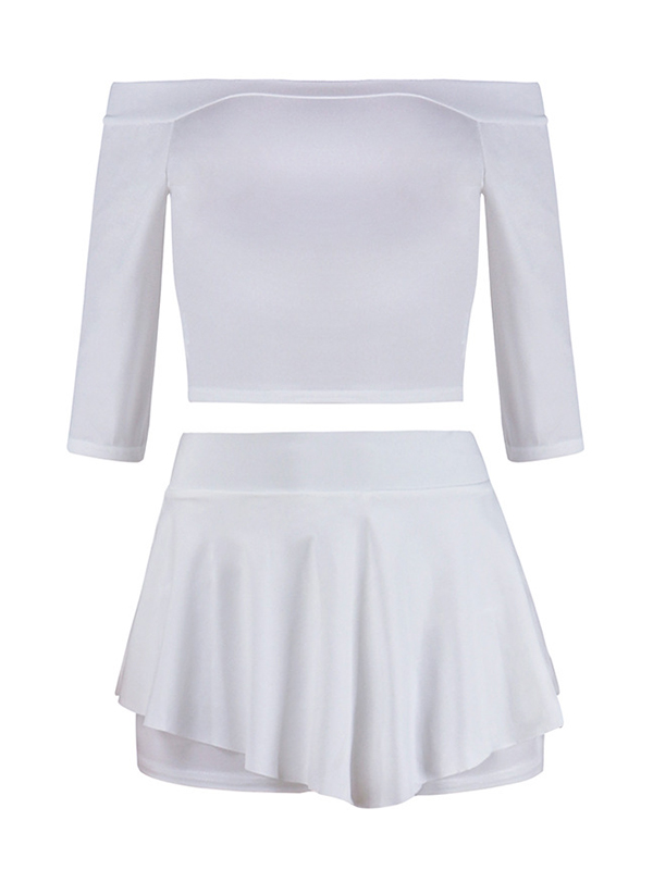 Stylish Dew Shoulder Half Sleeves Patchwork White Milk Fiber Two-piece Shorts Set