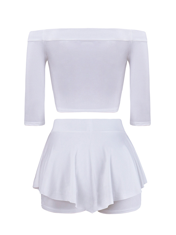 Stylish Dew Shoulder Half Sleeves Patchwork White Milk Fiber Two-piece Shorts Set
