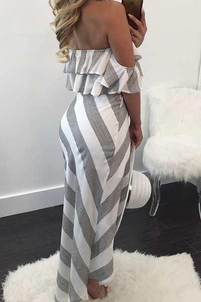 Stylish Dew Shoulder Striped Asymmetrical Grey-white Polyester Two-piece Skirt Set