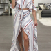 Stylish Dew Shoulder Striped Asymmetrical Light Grey Cotton Two-piece Skirt Set