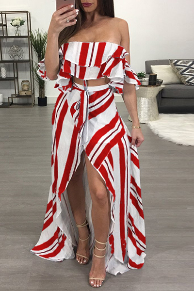 Stylish Dew Shoulder Striped Asymmetrical Red Cotton Two-piece Skirt Set