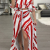 Stylish Dew Shoulder Striped Asymmetrical Red Cotton Two-piece Skirt Set