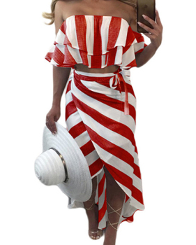 Stylish Dew Shoulder Striped Asymmetrical Red Polyester Two-piece Skirt Set