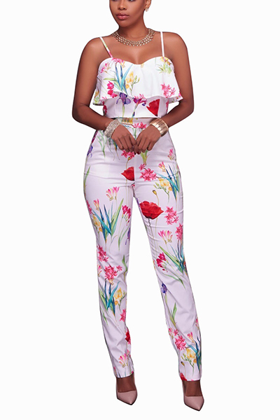 Stylish Rose Printed White Healthy Fabric Two-piece Pants Set