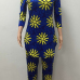 Stylish Round Neck Long Sleeves Floral Print Blue Qmilch Two-piece Pants Set