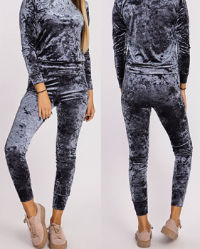 Stylish Round Neck Long Sleeves Grey Velvet Two-piece Pants Set