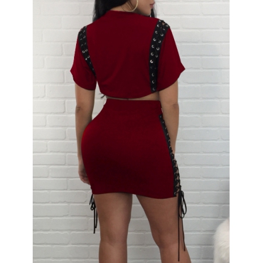Stylish Round Neck Patchwork Wine Red Polyester Two-piece Shorts Set