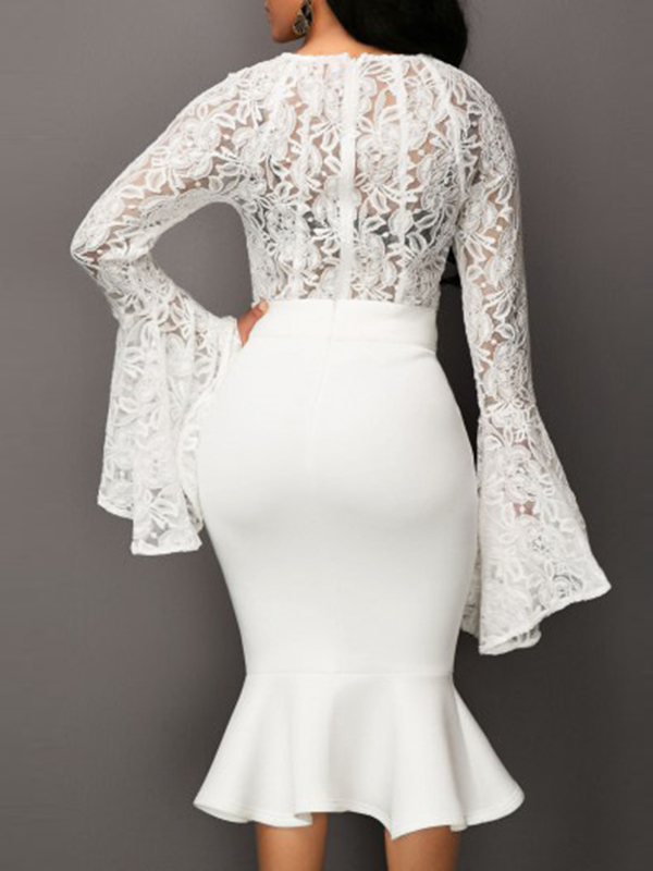 Stylish Round Neck See-Through White Lace Two-piece Skirt Set