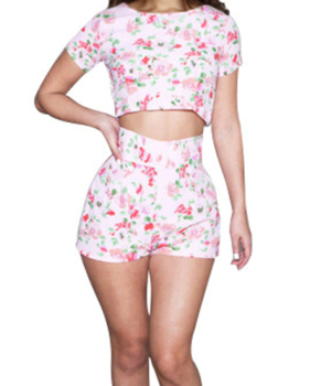 Stylish Round Neck Short Sleeves Floral Printed High Waist Polyester Two-piece Shorts Set